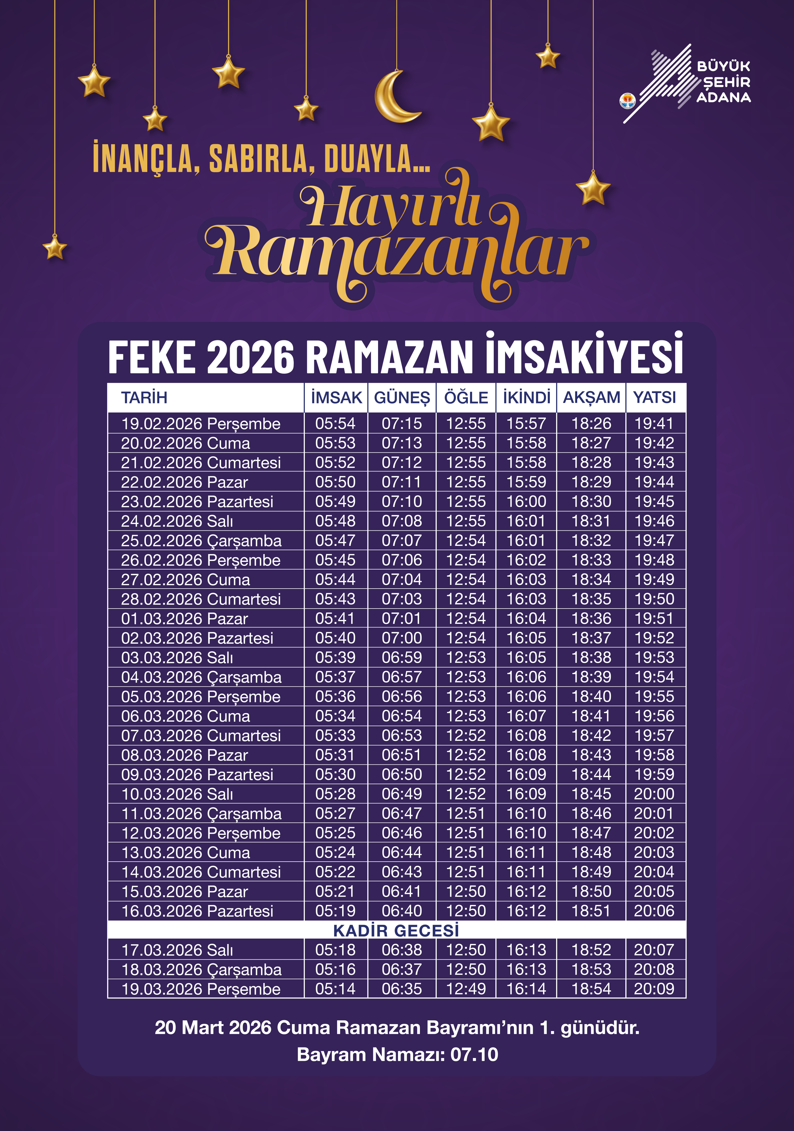 Feke 2026 Ramazan İmsakiyesi