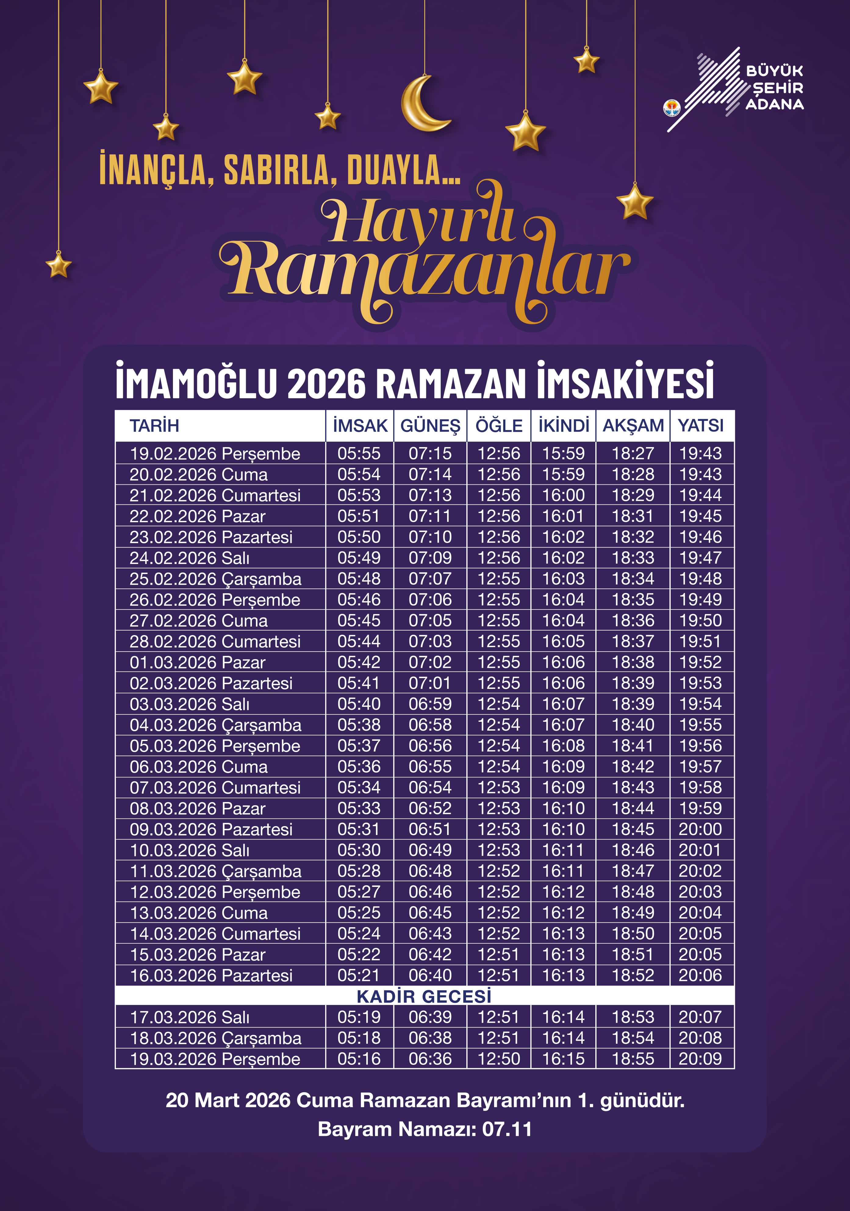 İmamoğlu 2026 Ramazan İmsakiyesi