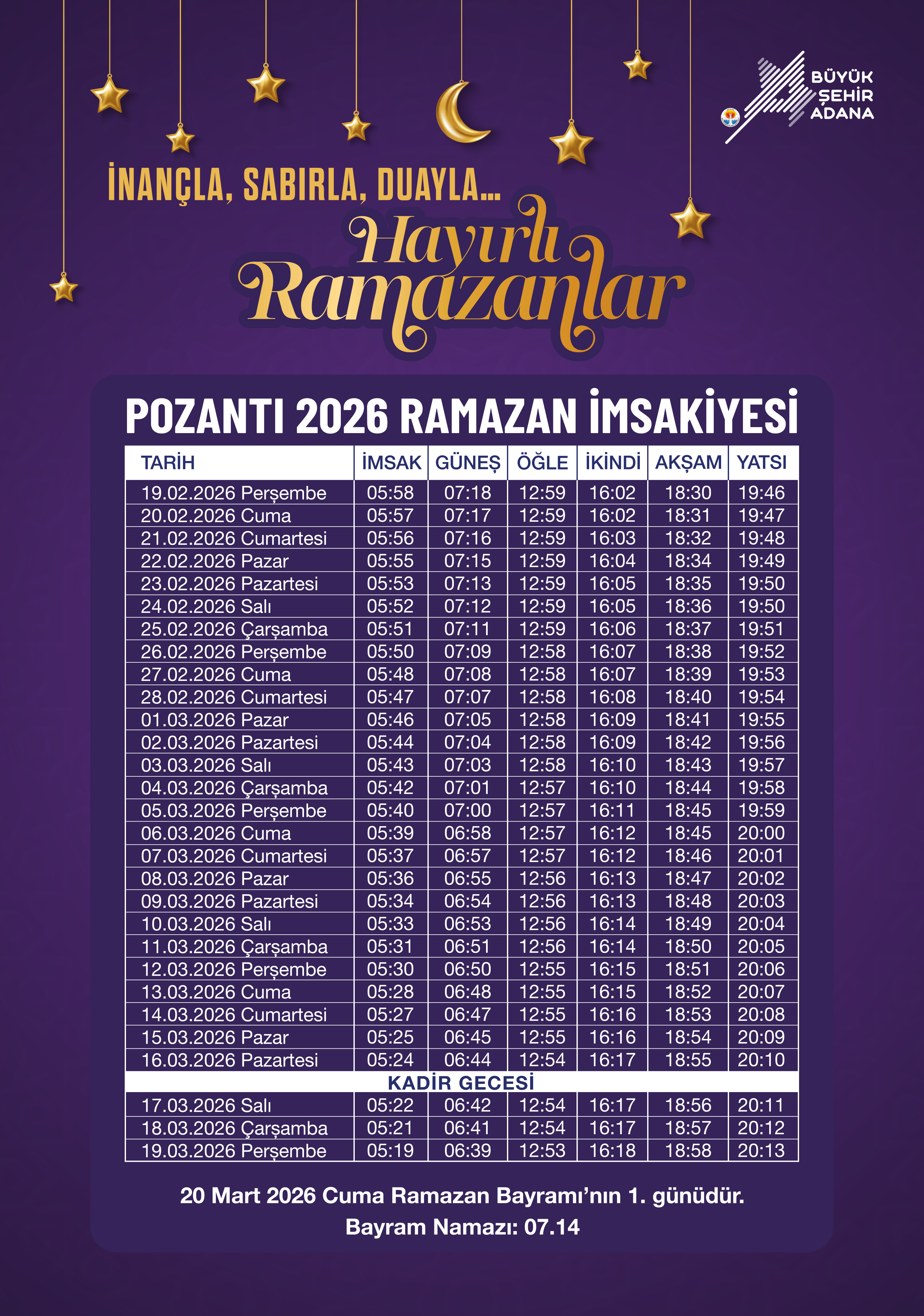 Pozantı 2026 Ramazan İmsakiyesi