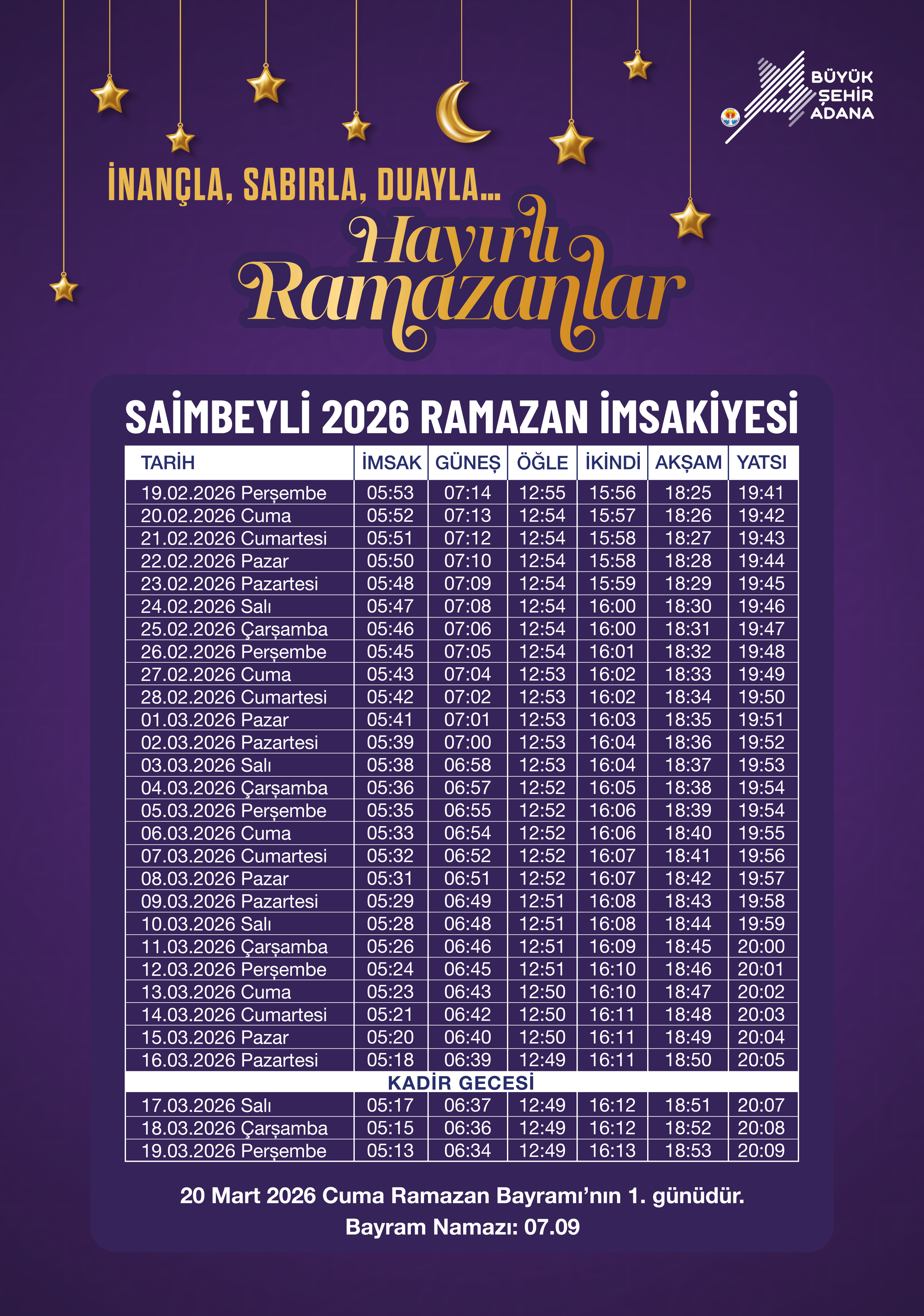 Saimbeyli 2026 Ramazan İmsakiyesi