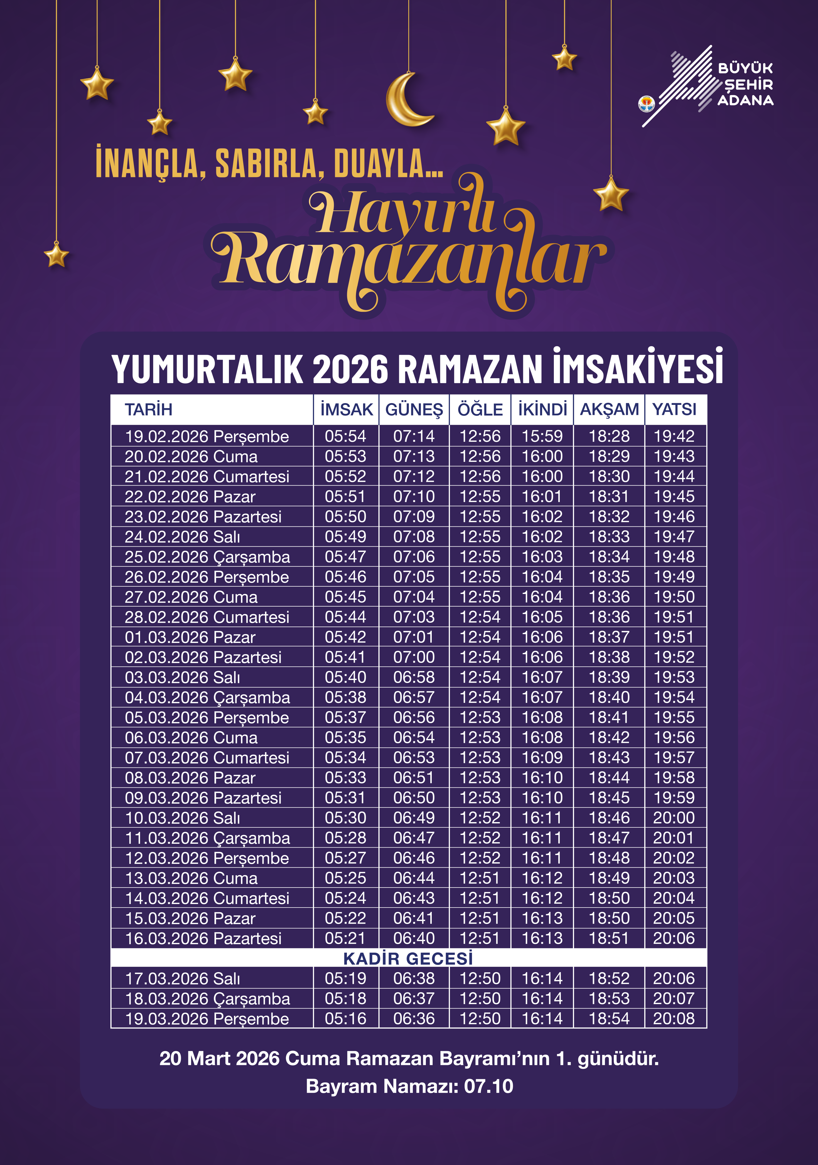 Yumurtalık 2026 Ramazan İmsakiyesi